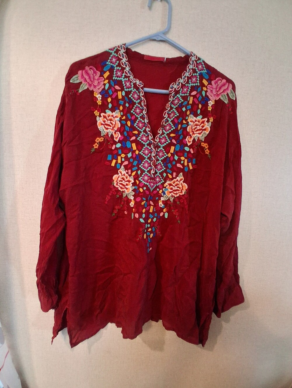 Johnny Was Deep Red Embroidered V-Neck Tunic Sz S